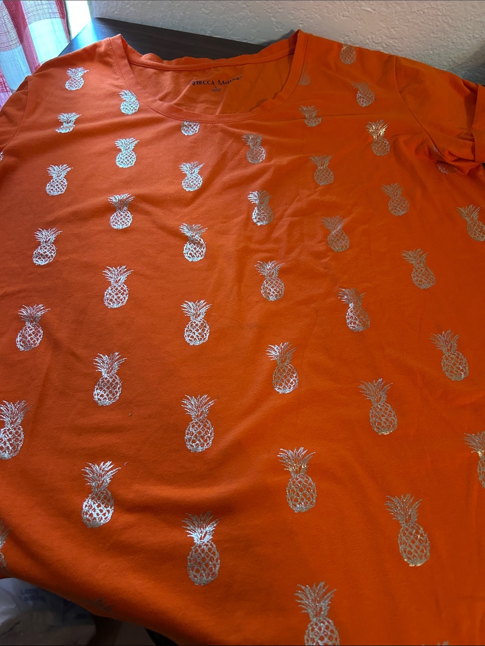 Rebecca Malone Orange Tee with Shiny Gold Pineapple Motif